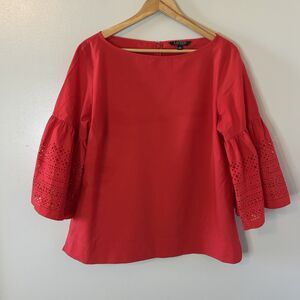 Lauren Ralph Lauren Women’s Red Blouse Lace Bell Sleeves Top Sz Large